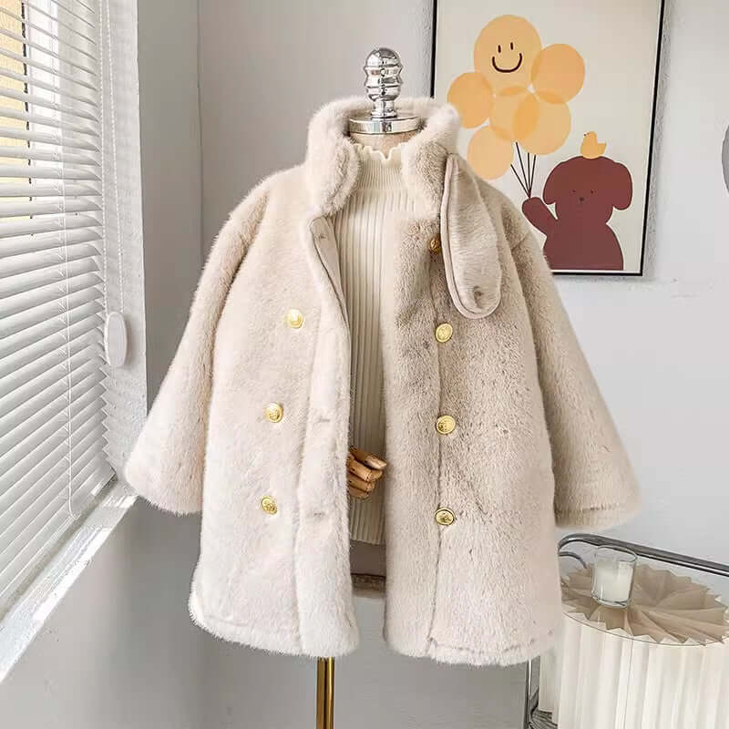 Children's luxury mid-length fur coat in apricot color, perfect for girls aged 110-150cm, featuring solid design and golden buttons.