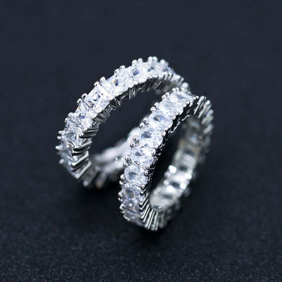 Luxury zircon rings in various shapes, copper plated platinum setting, elegant design, perfect for special occasions.