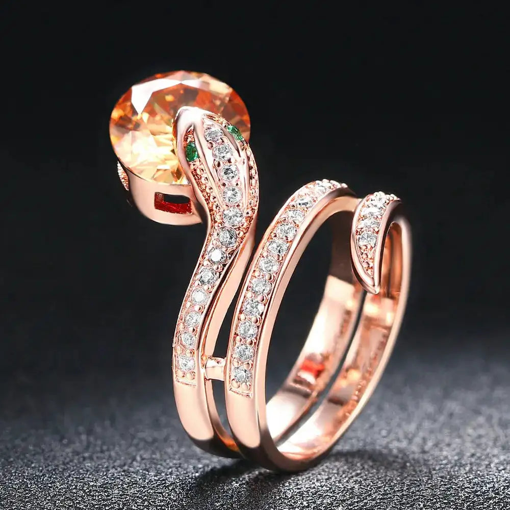 Retro Snake Rings for Women Orange Red Zircon Crystal Rose Gold Color Unusual Rings With Stone Women"s Accessories Jewellry R149 FASHION FREANZY