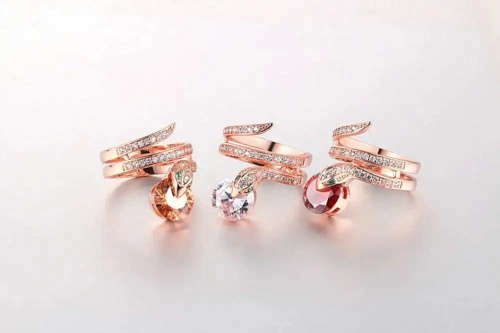 Retro Snake Rings for Women Orange Red Zircon Crystal Rose Gold Color Unusual Rings With Stone Women"s Accessories Jewellry R149 FASHION FREANZY
