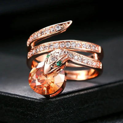 Retro Snake Finger Rings For Women Orange Red Zircon Rose Gold Color Unusual Rings With Stone Women"s Accessories Jewellry R149 FASHION FREANZY