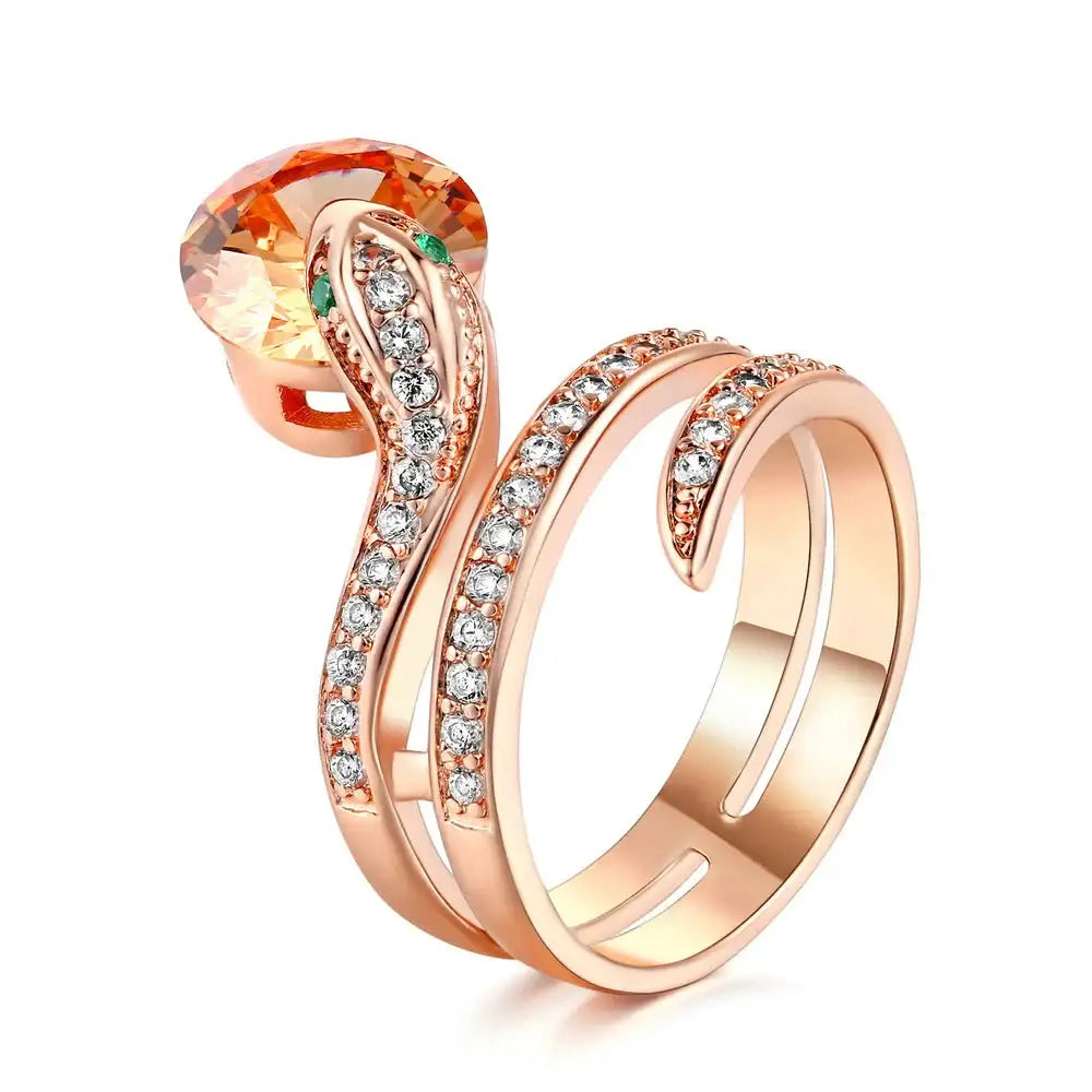 Retro Snake Finger Rings For Women Orange Red Zircon Rose Gold Color Unusual Rings With Stone Women"s Accessories Jewellry R149 FASHION FREANZY