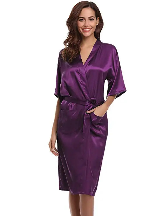 PURPLE Womens Robe Hot Sale Faux Silk Kimono Bath Gown