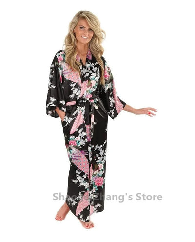 Brand New Black Women Silk Kimono Robes Long Sexy Nightgown Vintage