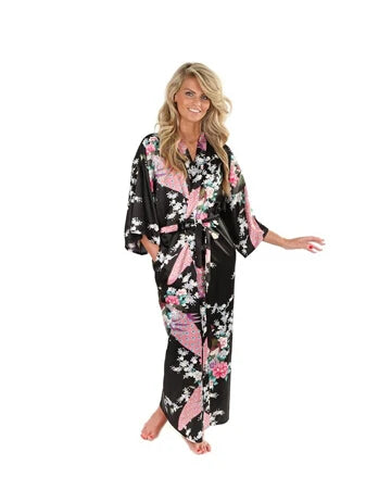 Brand New Black Women Silk Kimono Robes Long Sexy Nightgown Vintage