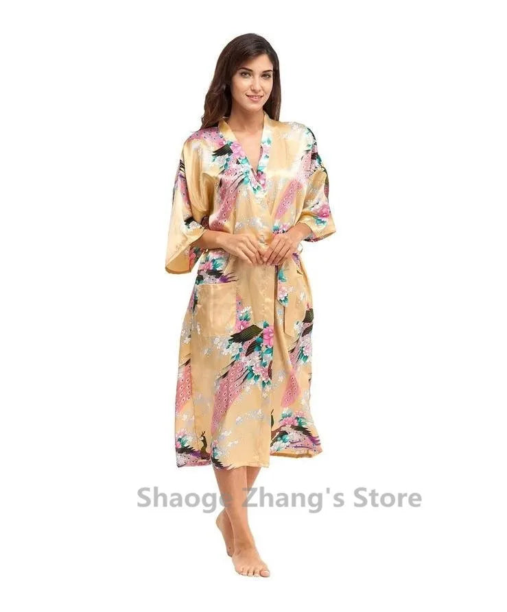 Brand New Black Women Silk Kimono Robes Long Sexy Nightgown Vintage