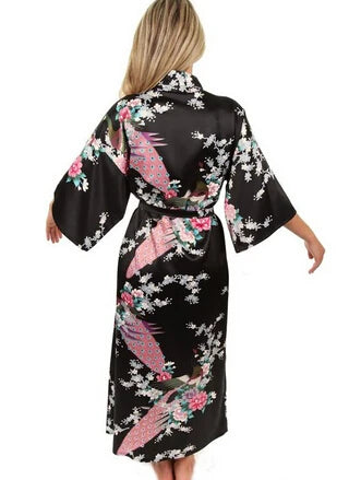 Brand New Black Women Silk Kimono Robes Long Sexy Nightgown Vintage