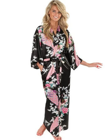 Brand New Black Women Silk Kimono Robes Long Sexy Nightgown Vintage
