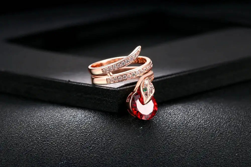 Retro Snake Rings for Women Orange Red Zircon Crystal Rose Gold Color Unusual Rings With Stone Women"s Accessories Jewellry R149 FASHION FREANZY