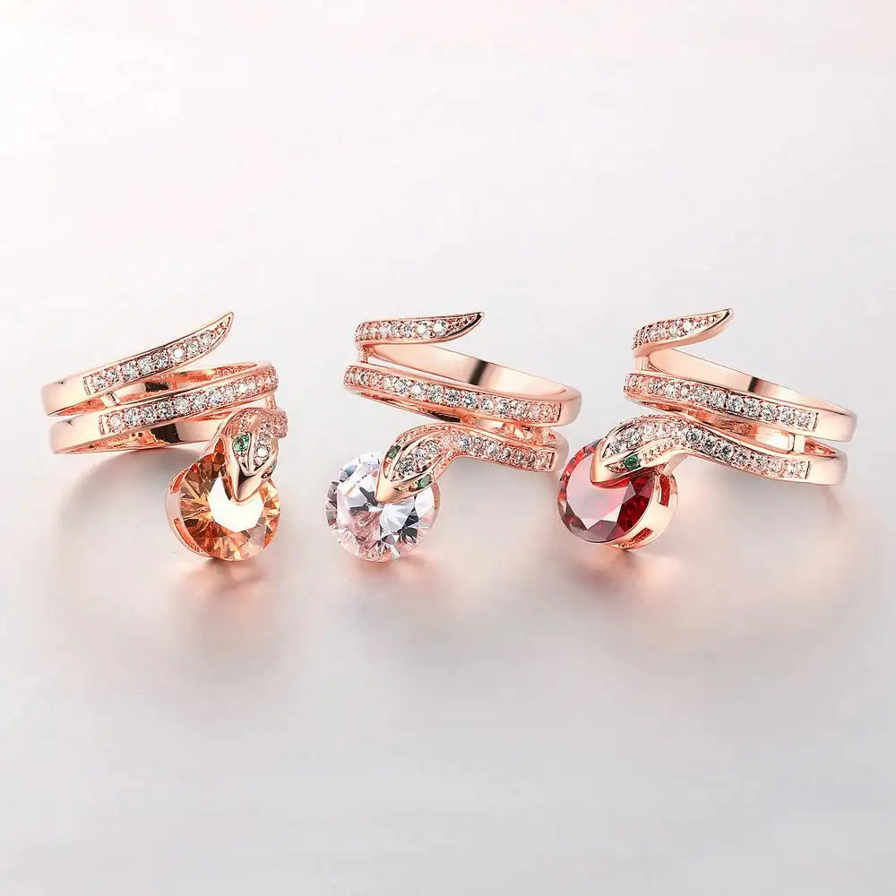 Retro Snake Finger Rings For Women Orange Red Zircon Rose Gold Color Unusual Rings With Stone Women"s Accessories Jewellry R149 FASHION FREANZY