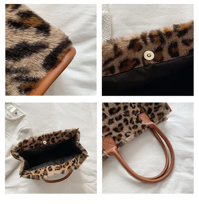 Top-Handle Bags Retro Cow Leopard Print PU Leather Plush