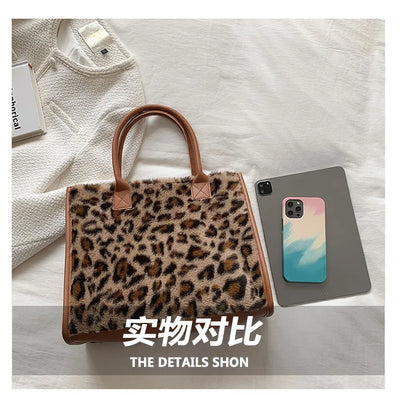 Top-Handle Bags Retro Cow Leopard Print PU Leather Plush