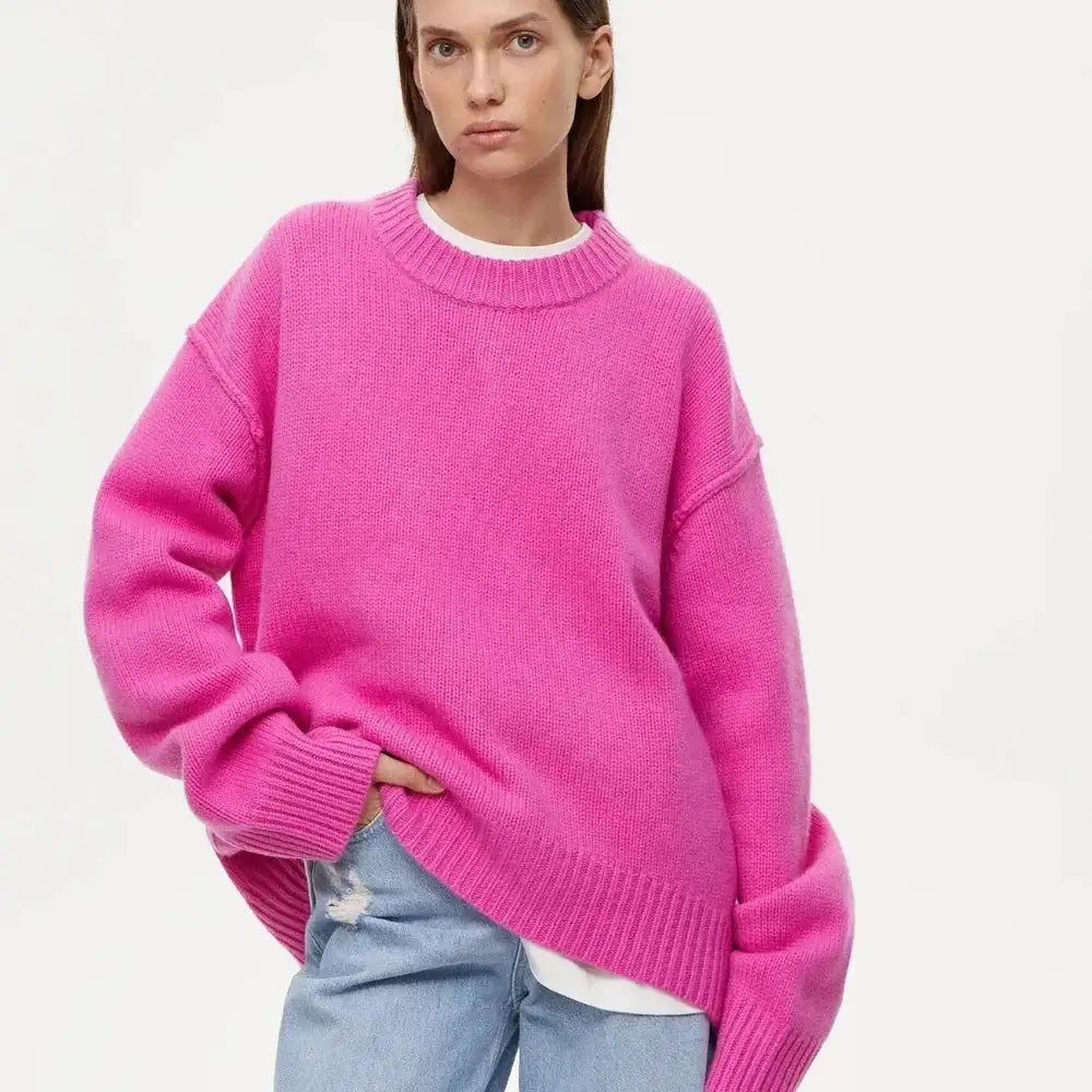 Fashion Loose Knitted Pullover Women‘s Autumn Winter Casual Solid Color O-neck Basic Thick Warm Oversized Knitted Sweater Female FASHION FREANZY