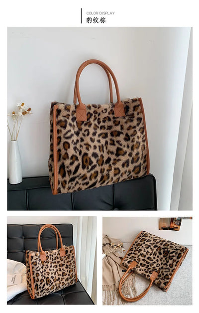 Top-Handle Bags Retro Cow Leopard Print PU Leather Plush