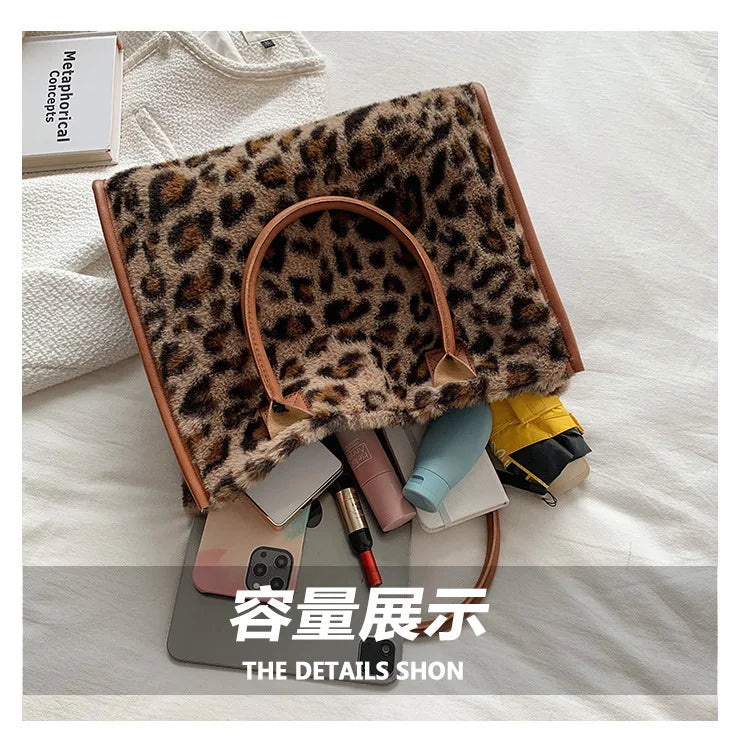Top-Handle Bags Retro Cow Leopard Print PU Leather Plush