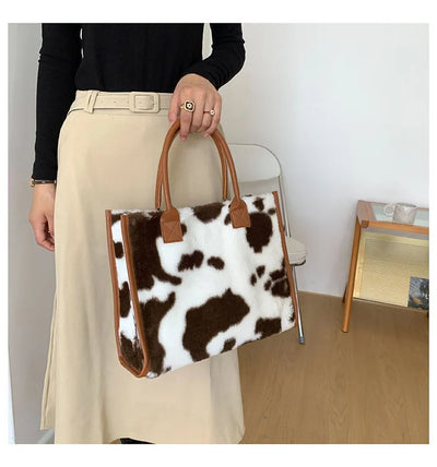 Top-Handle Bags Retro Cow Leopard Print PU Leather Plush