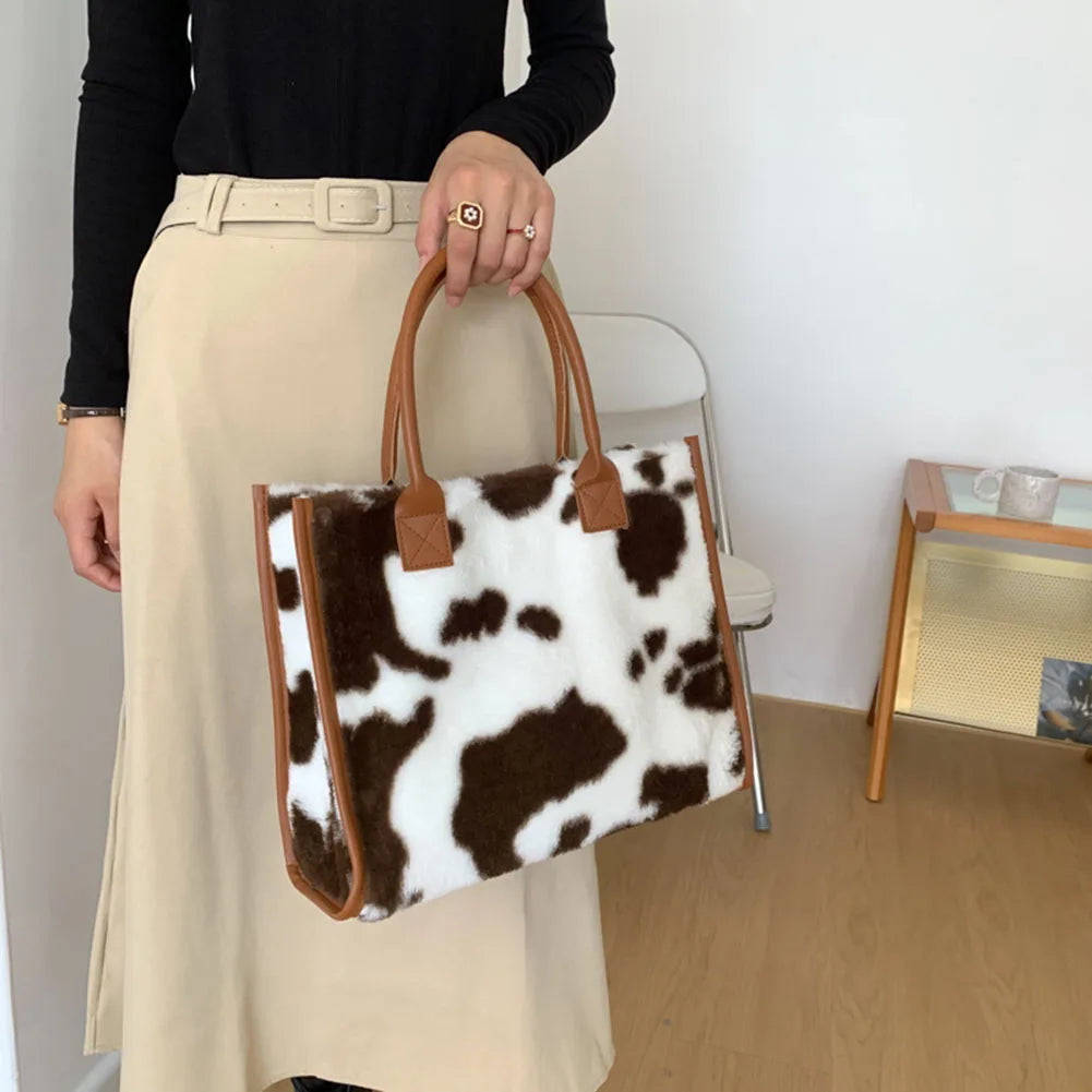 Top-Handle Bags Retro Cow Leopard Print PU Leather Plush
