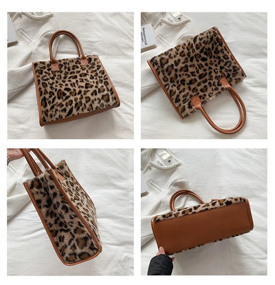 Top-Handle Bags Retro Cow Leopard Print PU Leather Plush