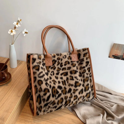 Top-Handle Bags Retro Cow Leopard Print PU Leather Plush