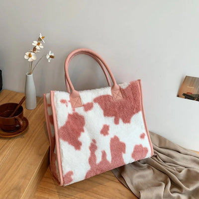 Top-Handle Bags Retro Cow Leopard Print PU Leather Plush