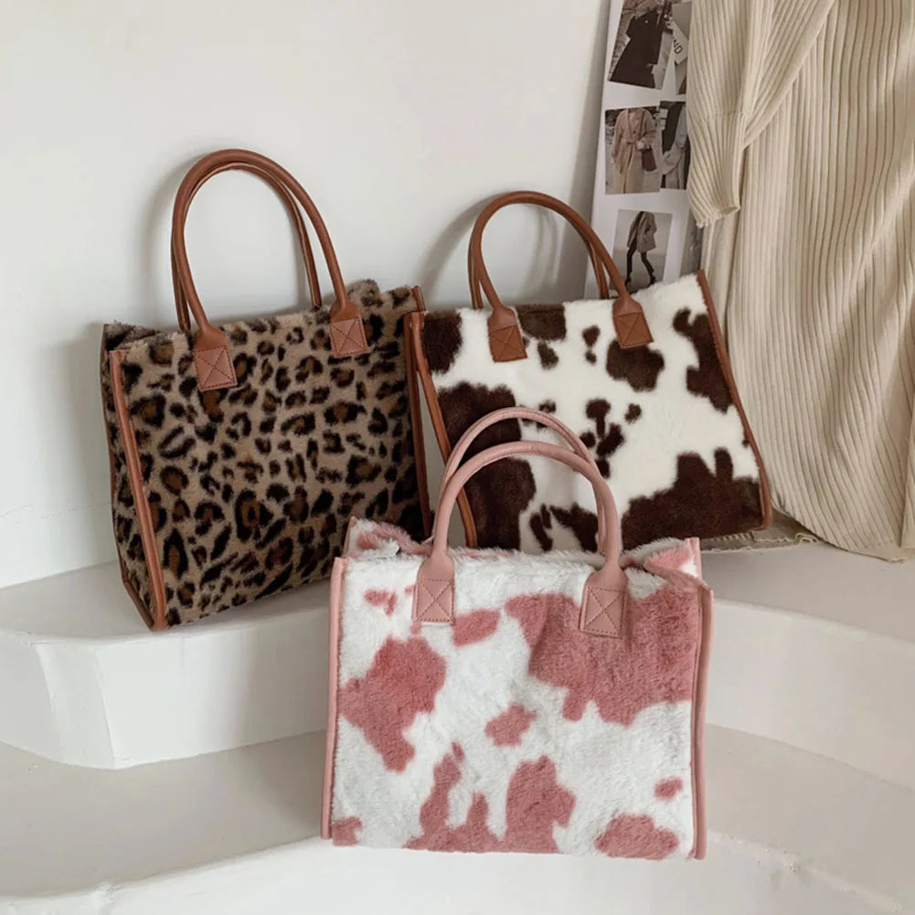 Top-Handle Bags Retro Cow Leopard Print PU Leather Plush