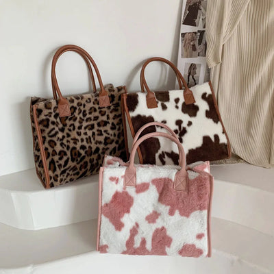 Top-Handle Bags Retro Cow Leopard Print PU Leather Plush