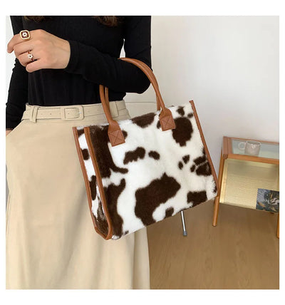 Top-Handle Bags Retro Cow Leopard Print PU Leather Plush