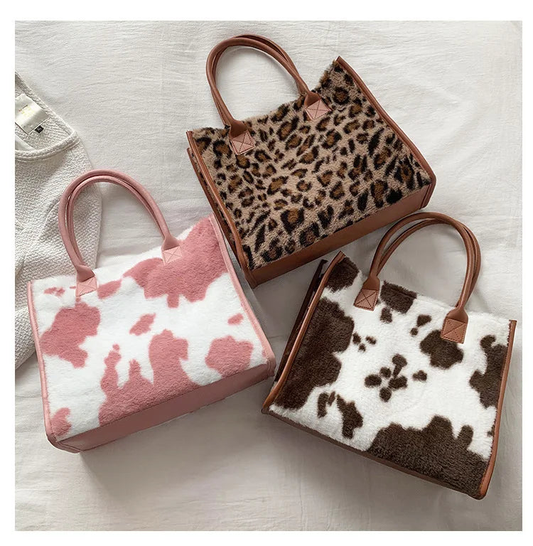Top-Handle Bags Retro Cow Leopard Print PU Leather Plush