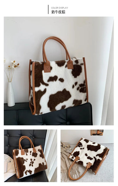 Top-Handle Bags Retro Cow Leopard Print PU Leather Plush