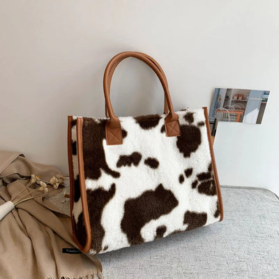 Top-Handle Bags Retro Cow Leopard Print PU Leather Plush