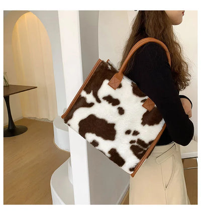Top-Handle Bags Retro Cow Leopard Print PU Leather Plush