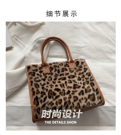 Top-Handle Bags Retro Cow Leopard Print PU Leather Plush