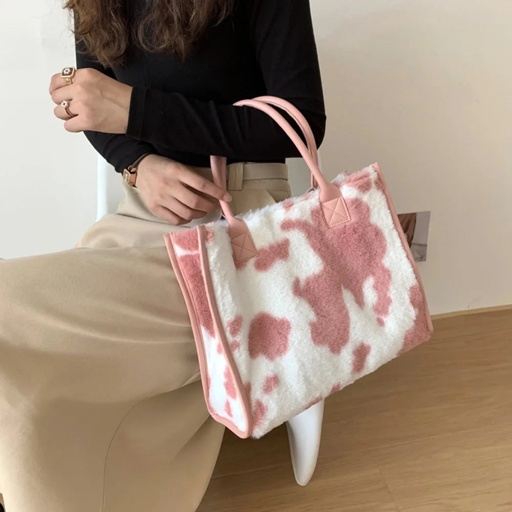 Top-Handle Bags Retro Cow Leopard Print PU Leather Plush
