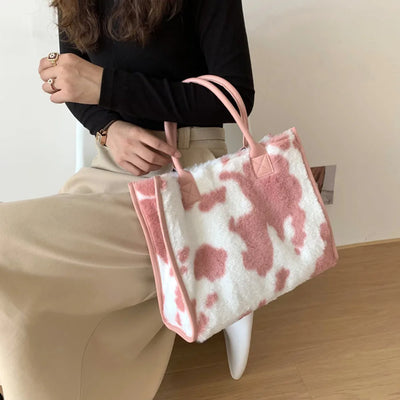 Top-Handle Bags Retro Cow Leopard Print PU Leather Plush