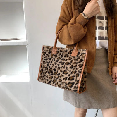 Top-Handle Bags Retro Cow Leopard Print PU Leather Plush