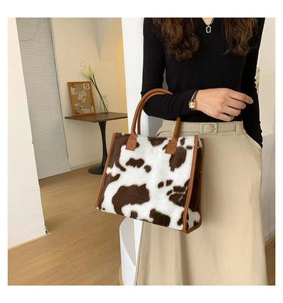 Top-Handle Bags Retro Cow Leopard Print PU Leather Plush