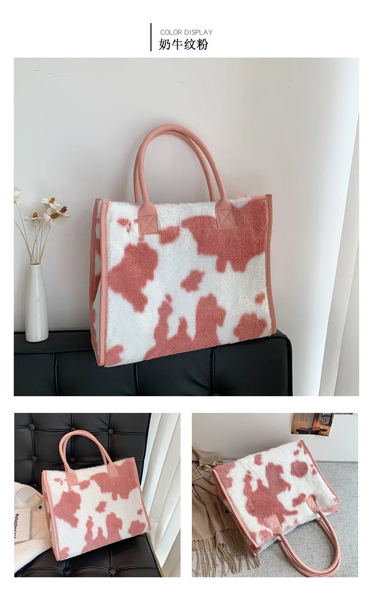 Top-Handle Bags Retro Cow Leopard Print PU Leather Plush