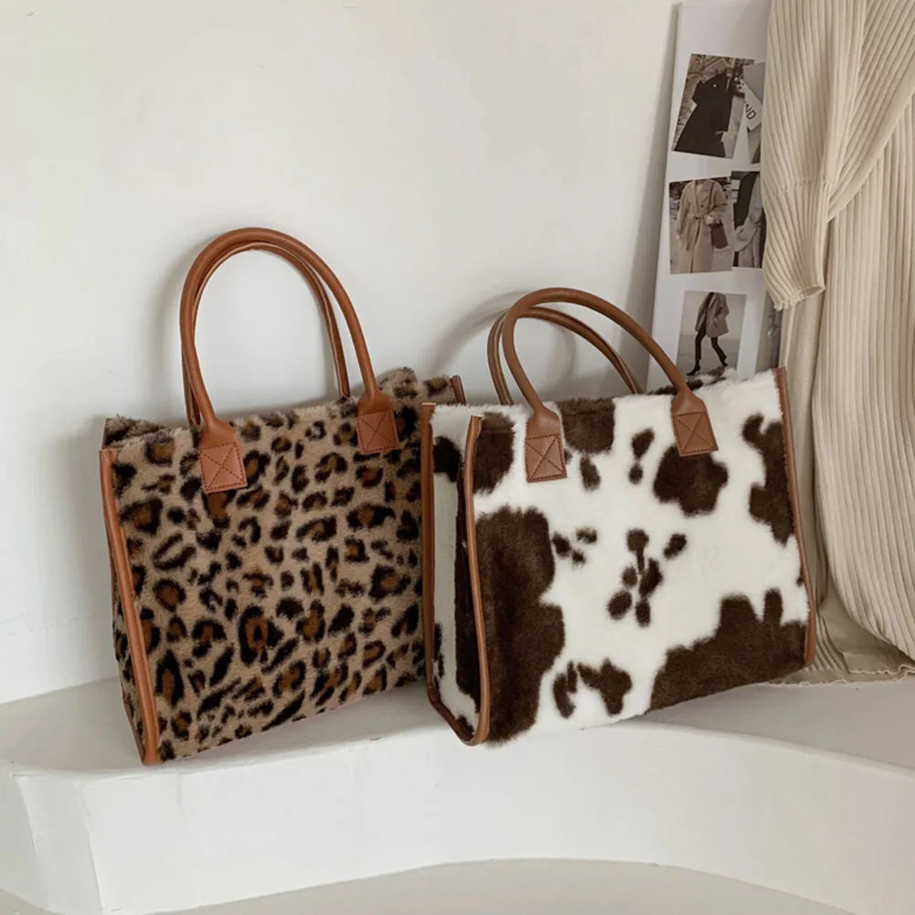 Top-Handle Bags Retro Cow Leopard Print PU Leather Plush